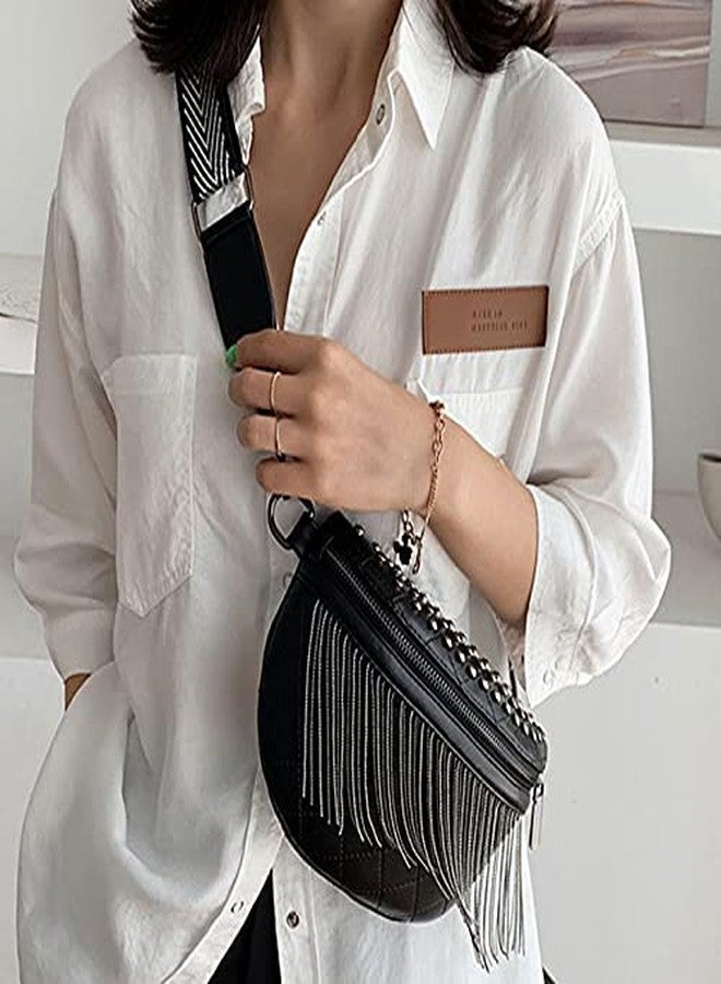 Minache Women Rivet Metal Tassel Faux Leather Fanny Pack Waist Bag Chest Bag Crossbody Shoulder Bag - Image 2